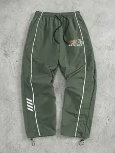 Men's Moto Bike Print Athleisure Pants with Lines, Spring Autumn Quick Dry Breathable Sporty Trousers, Drawstring Elastic Waist Sweatpants with Adjustable Cuffs and 2 Side Pockets