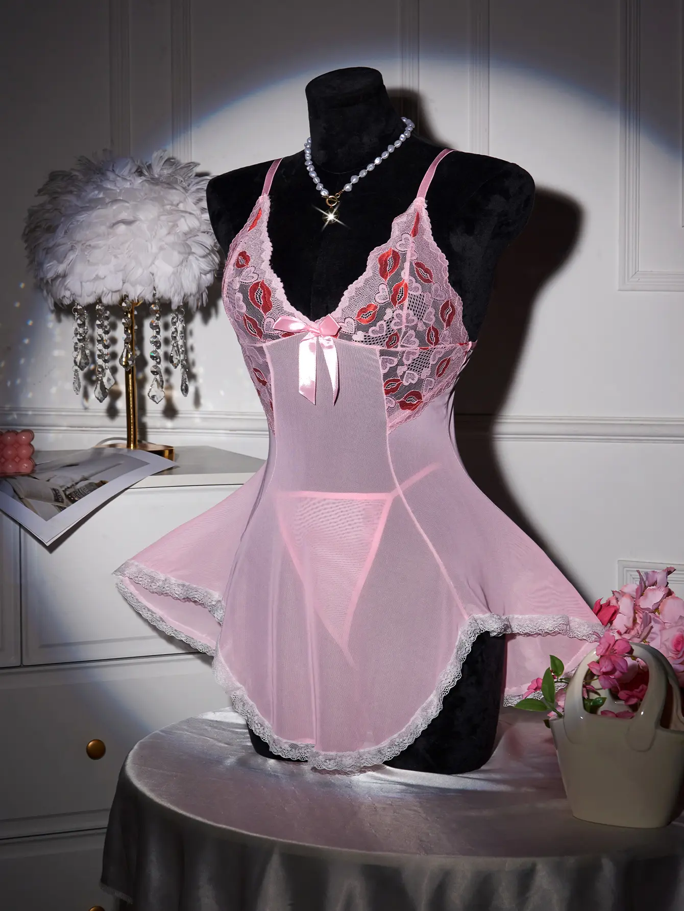 AESKEIA Women's Elegant Heart & Lip Print Sheer Mesh Babydoll Lingerie Set with Thong, Sexy Breathable Nightwear for Loungewear, Fit, Elegance, Comfortable