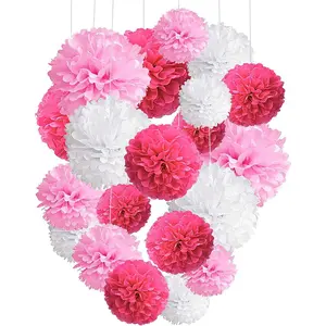 Pink Paper Pom Poms - 10",12" Tissue Pom Poms Decorations for Bachelorette Baby Shower Girl Party Hanging Decor - 12 Piece Set Chair Photo ring garland