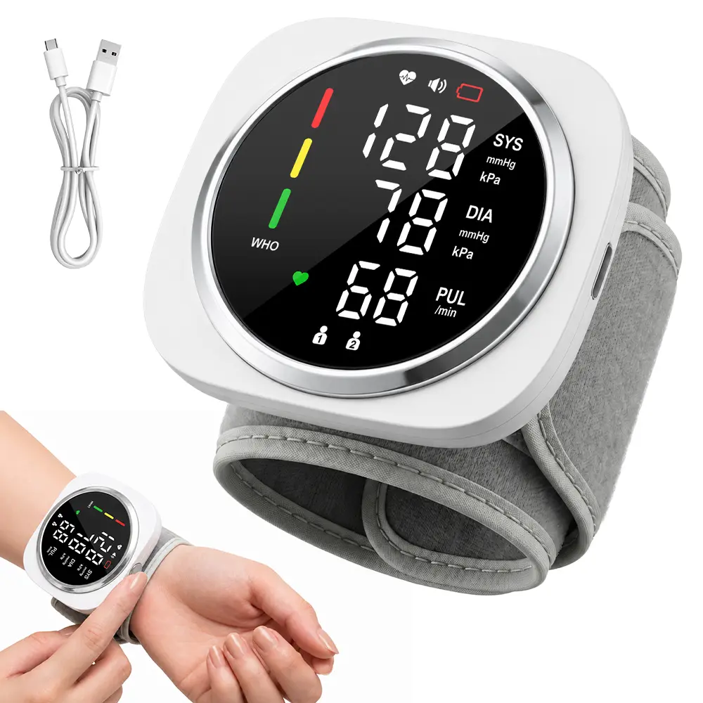 Portable wrist blood pressure monitor with a USB-C charging port,LED Display, Touchscreen Cuff, ABS Material, Compact Design for Everyday Bags, Carrying Case, Type-C Port for Easy Charging, Wrist Blood Pressure Monitors for Home Use