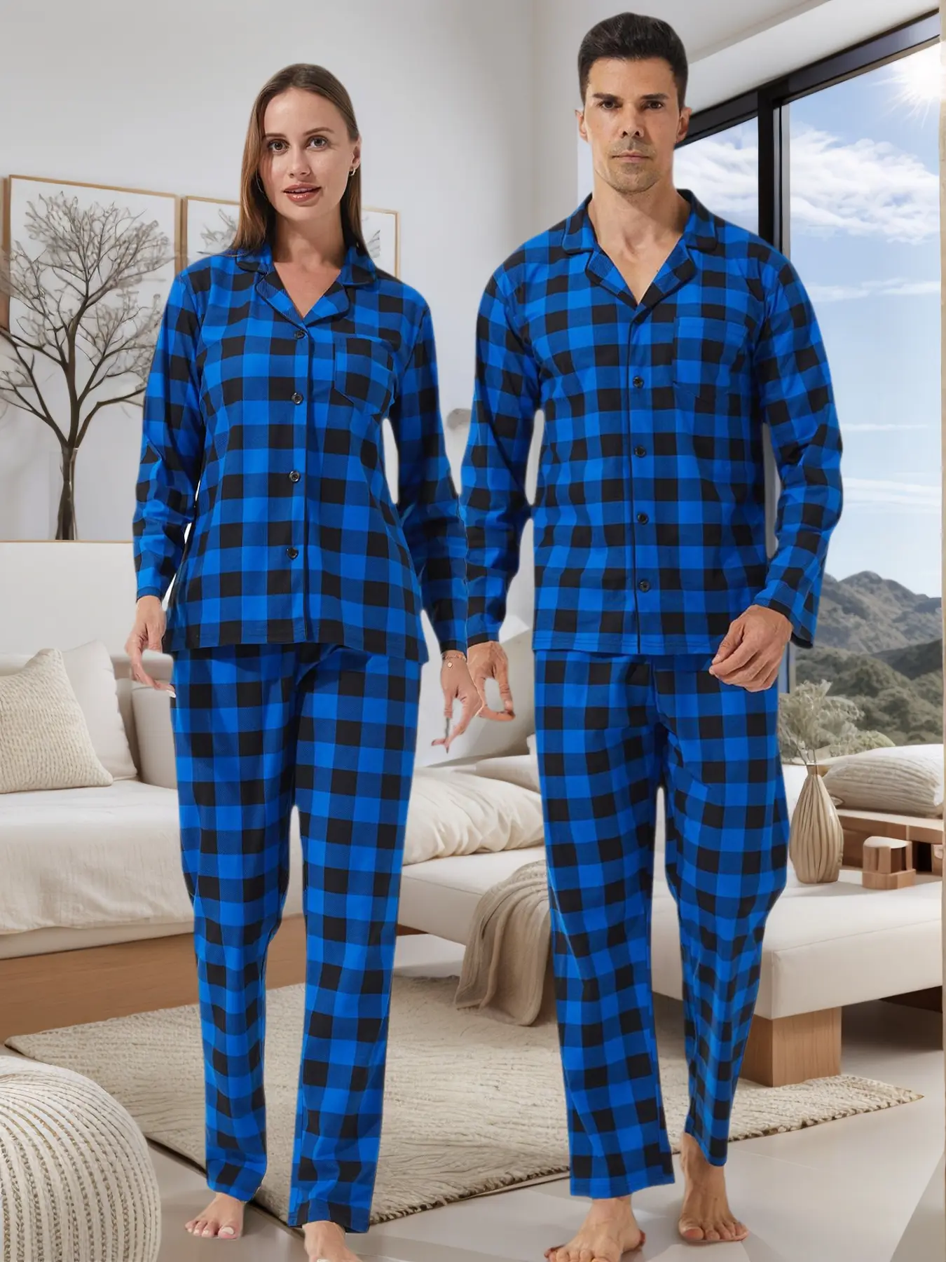 Couple's Plaid Print Button Front Pocket Shirt & Pants Pajama Two-piece Set, Casual Comfy Long Sleeve Top & Trousers PJ Set, Men's Sleepwear for Spring & Fall