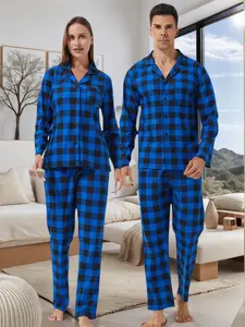 Couple's Plaid Print Button Front Pocket Shirt & Pants Pajama Two-piece Set, Casual Comfy Long Sleeve Top & Trousers PJ Set, Men's Sleepwear for Spring & Fall