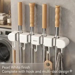 Space Saving Mop and Broom Holder Wall Mount - Heavy Duty No-Drill Broom Organizer, Self-Adhesive Garden Tool Organizer & Storage Racks for Bathroom, Garage, Kitchen, Laundry Room