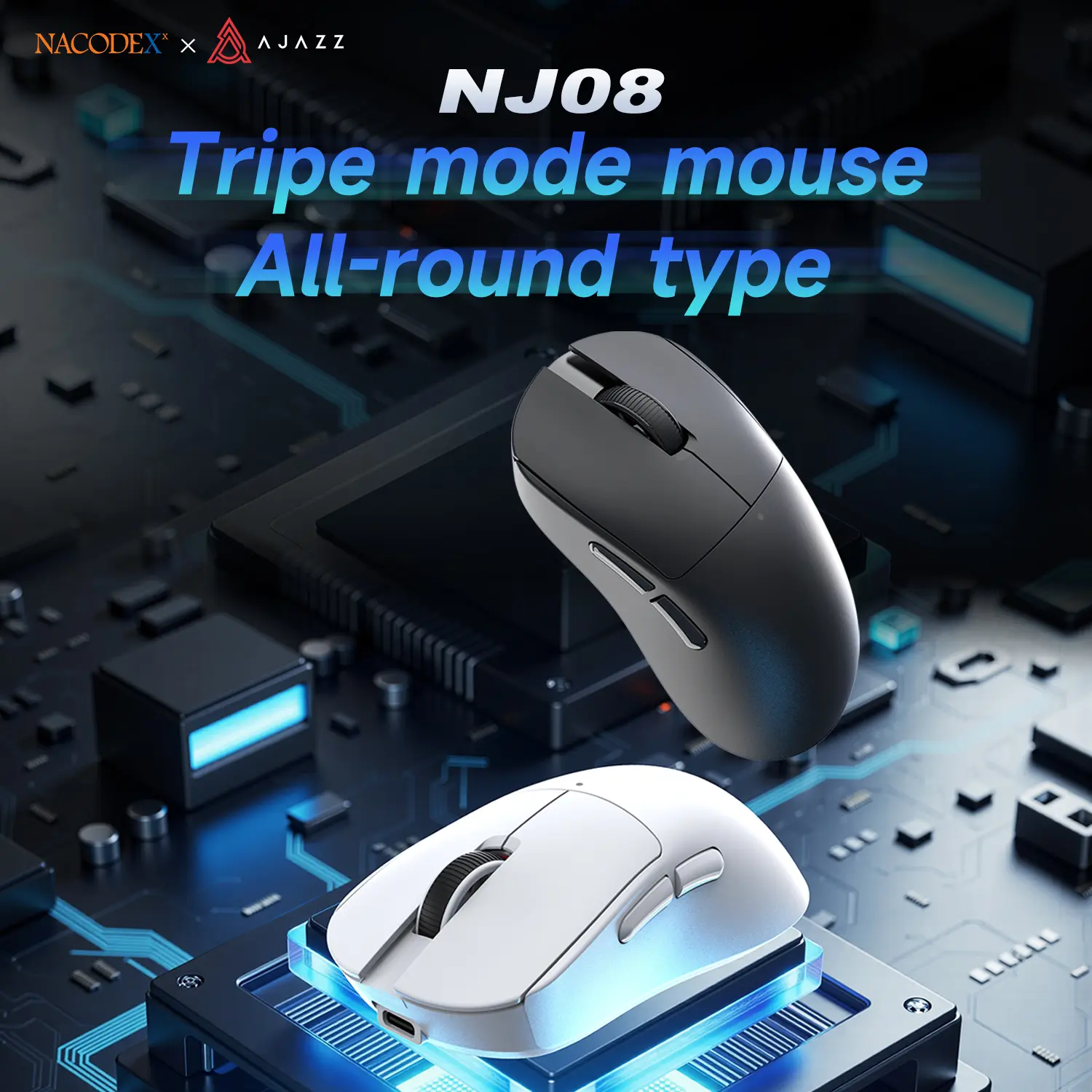 AJAZZ NJ08 Wireless Gaming Mouse with Asymmetric Right Hand Design, Light Sound Button, Tri mode Office Mouse 1000Hz Return Rate, Six Levels DPI Adjustment, 12800 RGB Desktop Office Mouse Gaming Computer Accessory