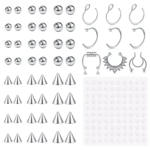 Septum Piercing Kit for Women Men, 316L Stainless Steel Nose Ring Hoop with CZ, Ball Spike Replacement Beads, Non-Piercing Fake Septum Clips, Body Piercing Jewelry Making Supplies