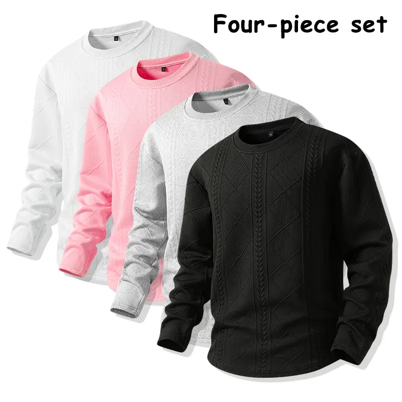 Fall/Winter layering 4-pack men’s tops with cable embossing, crew neck, solid color, long sleeves, soft knit—casual office and everyday multipack