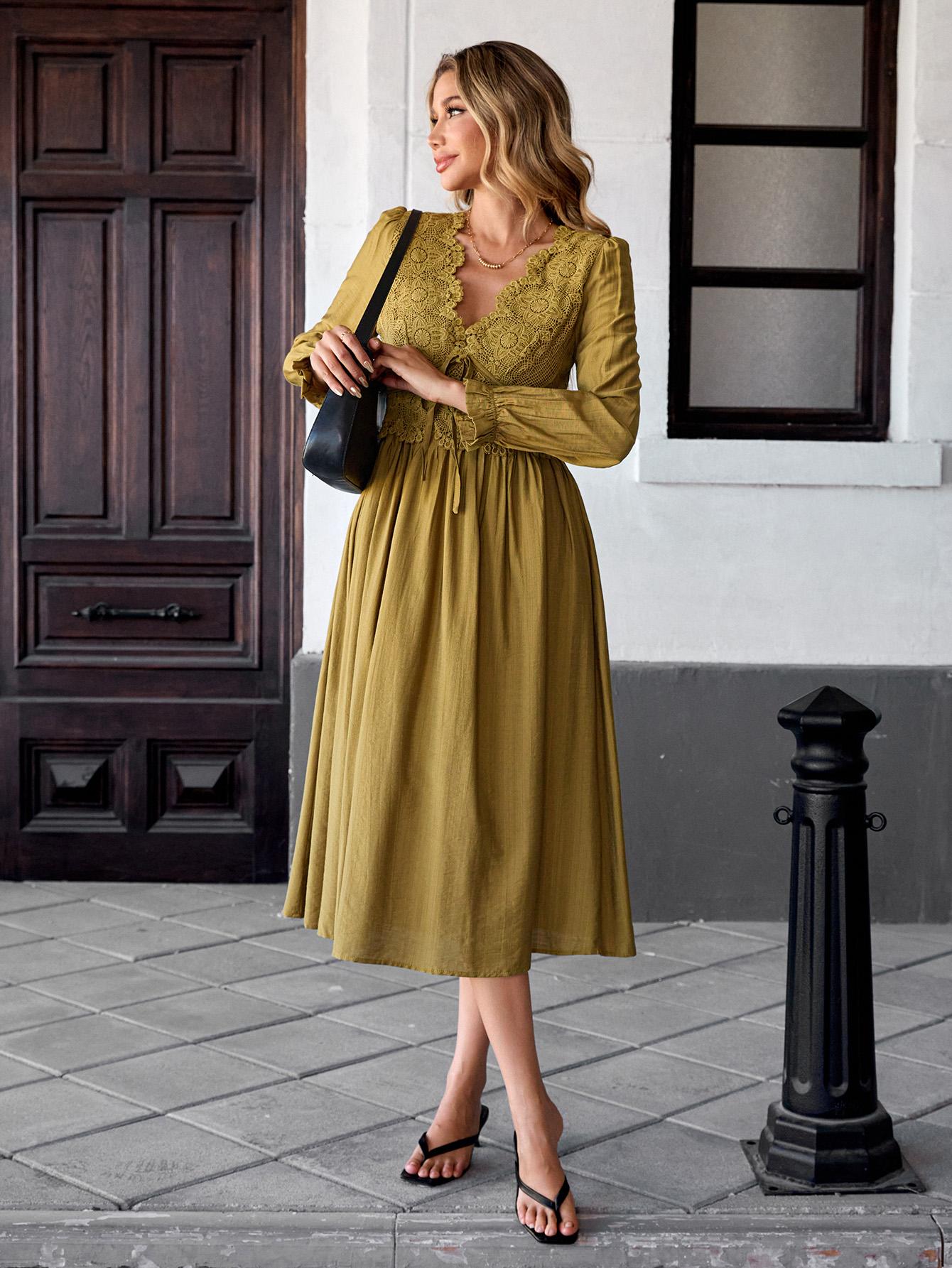 Chicovar Women's Boho Maxi Dress Lace V Neck Puff Sleeve Vintage Flowy Dress for Spring Date Nights, Easter dress,Vacation & Party, Festive Holiday Dress for Christmas | Low Iron Care