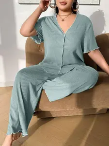 Women's Plus Size Knitted Ribbed Fitted Sleepwear Set, Short Sleeve Long Pants Pajama Suit, Pjs, Casual Home Wear, Loungewear, Comfortable Nightwear, Outfit