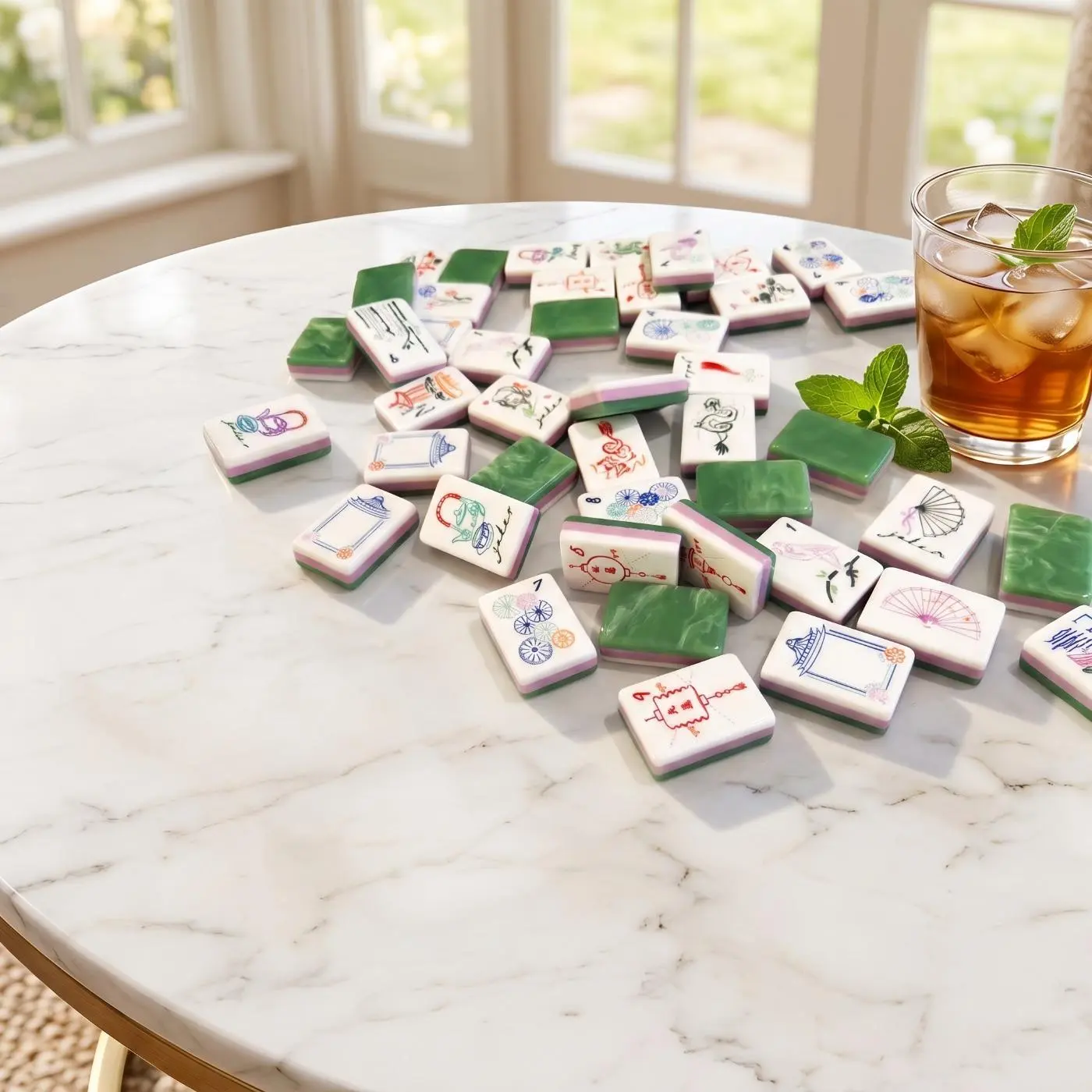 American-Style 2-Tone Smooth Jade Green Mahjong Set - Pastoral Plant Chinese Scenery Art-Printed Tiles, 36mm large size feels good，Adult Board Game, Suitable for Parties, Family Gatherings