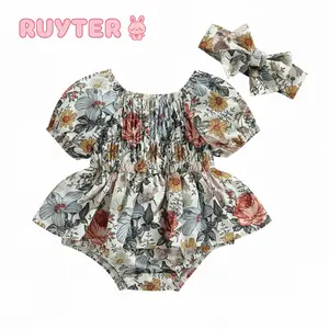 0-24 Months Baby Girls Puff Sleeve Floral Romper Dress, Skirt Hem Bodysuit with Headband, Summer Newborn Cute Jumpsuit Outfit