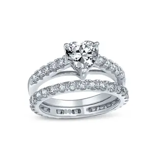 1CT CZ Heart Shaped Statement Ring Anniversary Pave Band Set Solitaire Engagement Rings Solitaire Stackable Rings
