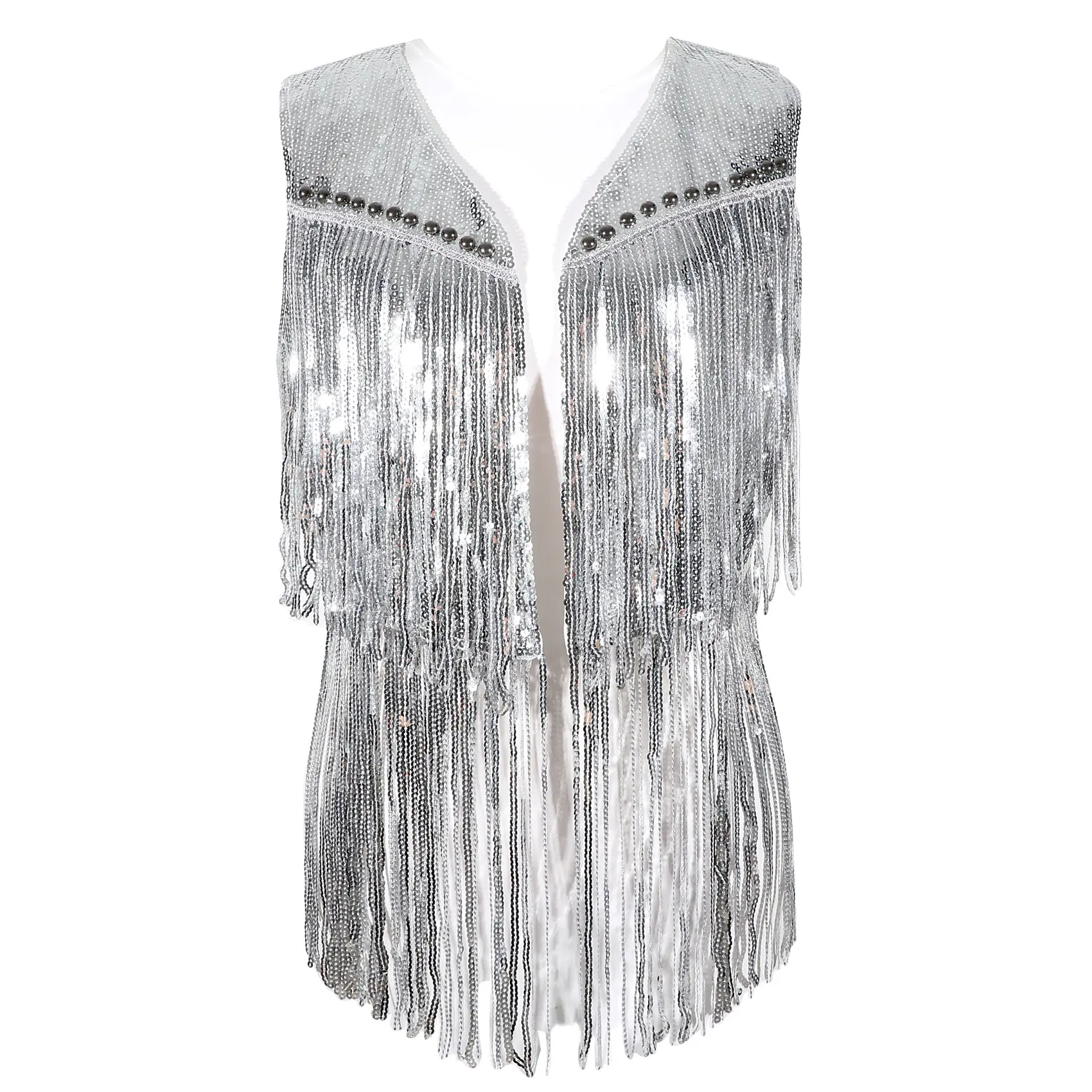 XZQTIVE Women's Sparkly Sleeveless Fringe Vest, Western Cowgirl Outfit Tassel Accent Top