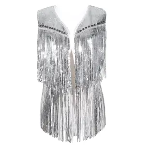 XZQTIVE Women's Sequin Sleeveless Tassel Vest Western Sequin Tassel Vest Sparkly Fringe Cowgirl Outfit