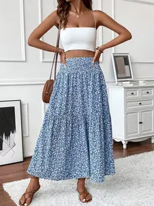 Women's Long Floral Midi Skirt, Flowy Feminine Casual Elastic Waist, Ruffled Hem, A-Line Silhouette, Perfect for Summer Vacation, Fit