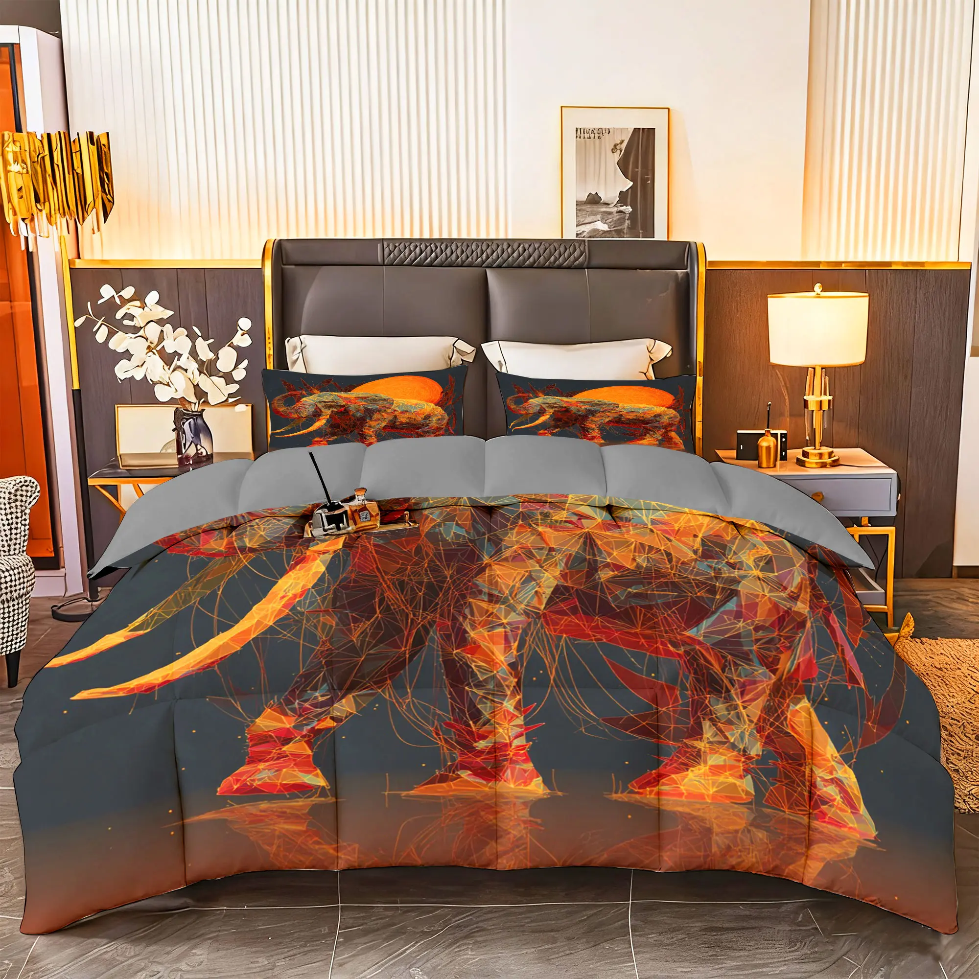 3pcs (1 comforter + 2 pillowcases) Geometric Elephant - Inspired Bedding Set, All - Season Microfiber, Soft & Fluffy, Hypoallergenic, Wrinkle - Free & Fade - Resistant, Easy - Care, Available in Queen/King/Full Size, Modern Artistic Design for Bedroo