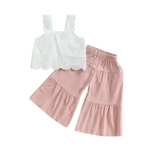 Cute Baby Girl 2-Piece Solid Summer Baby Clothing Set - Sleeveless Lace Cotton Tank Top, Elastic Waist Wide Leg Pants for Infant Toddler Casual Wear, Toddler Girl Clothes Stuff
