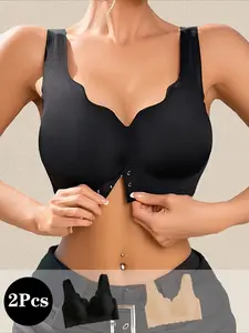 2pcs Front-closure Gathers Bust Sports Bra, Sexy and Breathable, Anti-sagging, Wire-free Women's Bra, Front-fastening Seamless Bandeau Bra with Wavy Edge Trim