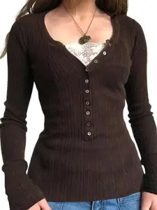 EMMIOL Lace Crop Button Up Shirts for Women Paneled Button Long Sleeve Knit Top Lightweight Slim Basic Knit Tunic Top Blouse