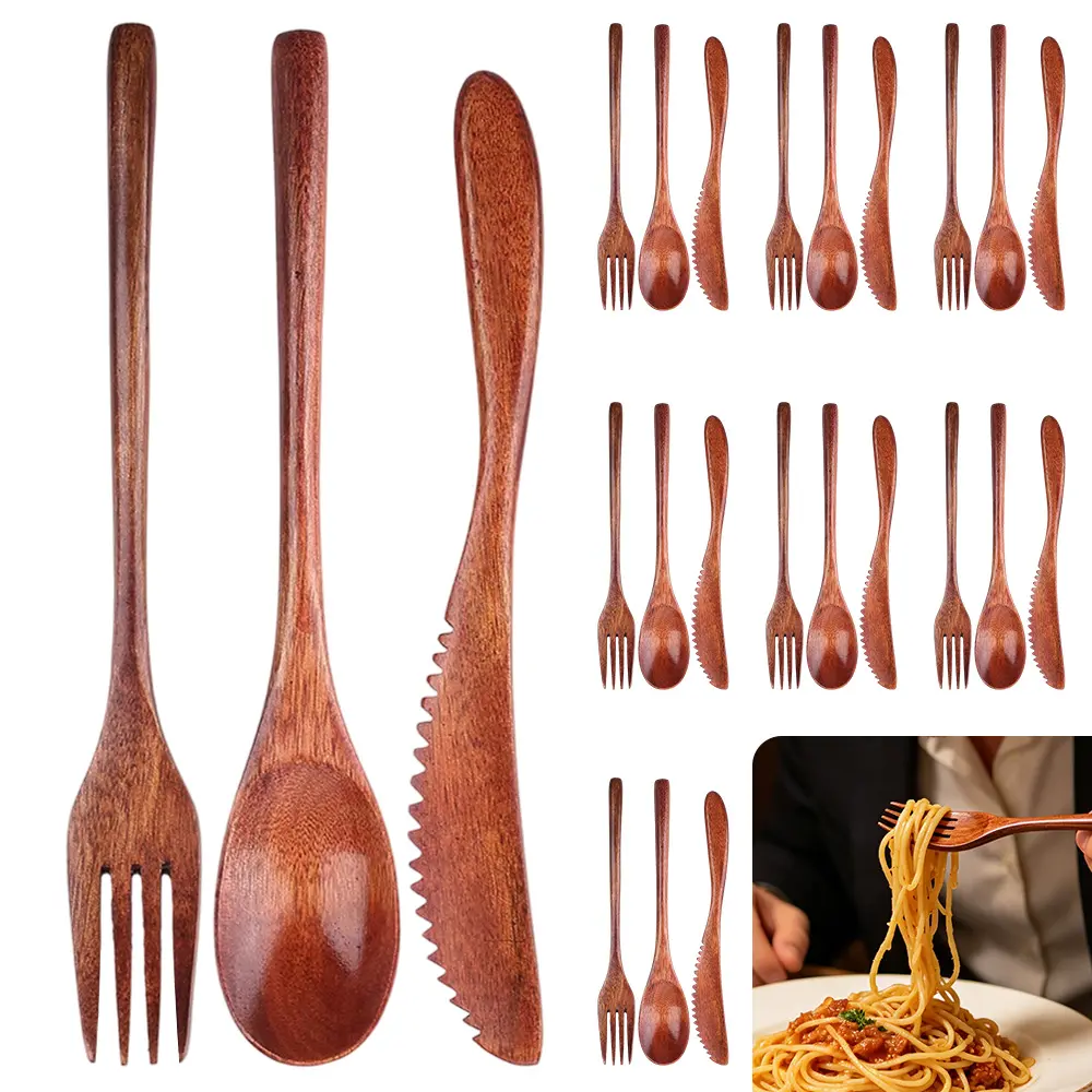 24-Piece Lightweight Natural Bamboo Cutlery Set - Solid Wood Wooden Spoons, Forks, Knives, Eco-Friendly Reusable Smooth-Finish Dinner Flatware for Home, Camping Use, Rustic