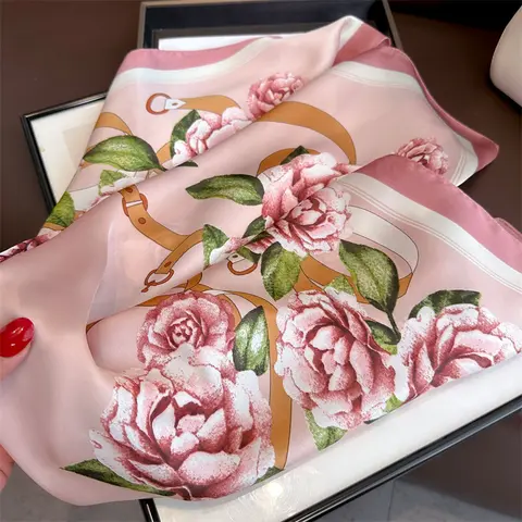 Female 70x70cm Square Silk Scarf - Pink Rose Printed, Lightweight Spring-Summer Thin Accessory, Casual Wear, Hair Wrap Scarf, Elegant Silk for Outfits