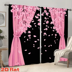 2D Flat 2Pcs Beautiful Pink Cherry Blossom Flower Curtains, Black Background, Rod Pocket Drapes, Semi-Sunshade Privacy Decor for Living Room, Bedroom, Balcony, Kitchen, Study Window Decoration, Home Gift, Anti-Privacy.