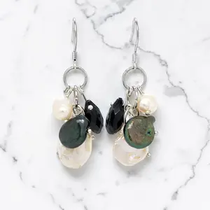 Cultured Tahitian and White Coin Pearl Earrings in 925 Sterling Silver