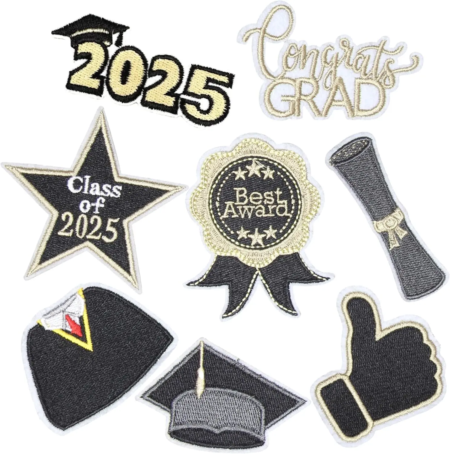 8PCS Graduate 2025 Iron on Patches, Grads College Congrats Embroidered Repair Patches for Clothes, Applique for Hats, Jeans, Jackets, Backpacks, Shoes