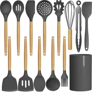 Silicone Non-Stick Cookware & Kitchen Utensils Set - 14 Pieces, 446°F High Temp Heatproof, Spatula, Turner, Tongs, Spoon, Brush, Whisk, with Wooden & Stainless Steel Handles