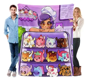 MeeMeows Cat Cafe Flannel Fleece Blanket, Cute Anime Dessert Cat Throw Blanket, Soft Warm Cozy Blanket for Kids Girls, Kawaii Cat Lover Gift for Couch Bed