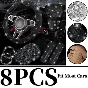 8pcs Bling Car Accessories for Women, Bling Steering Wheel Cover Bling Car Coasters Bling Set Seat Belt Shoulder Pads Ring Emblem Sticker Gear Shift Cover