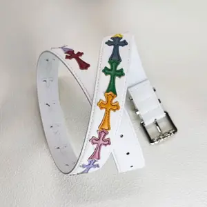 Vintage Black Leather Flower Cross Belt Gothic Y2K Belt Silver Buckle Unisex Women's Soft