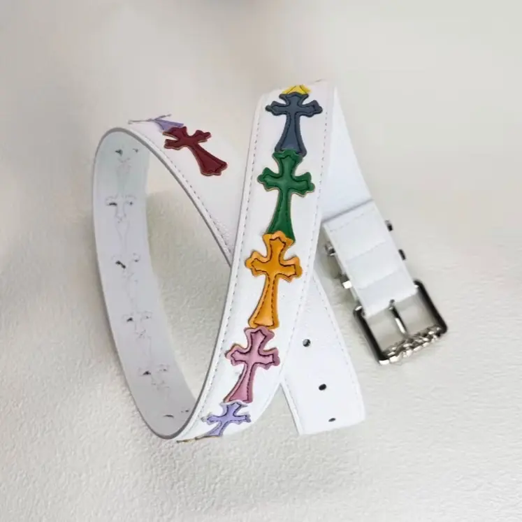 Vintage Black Leather Flower Cross Belt Gothic Y2K Belt Silver Buckle Unisex Women's Soft