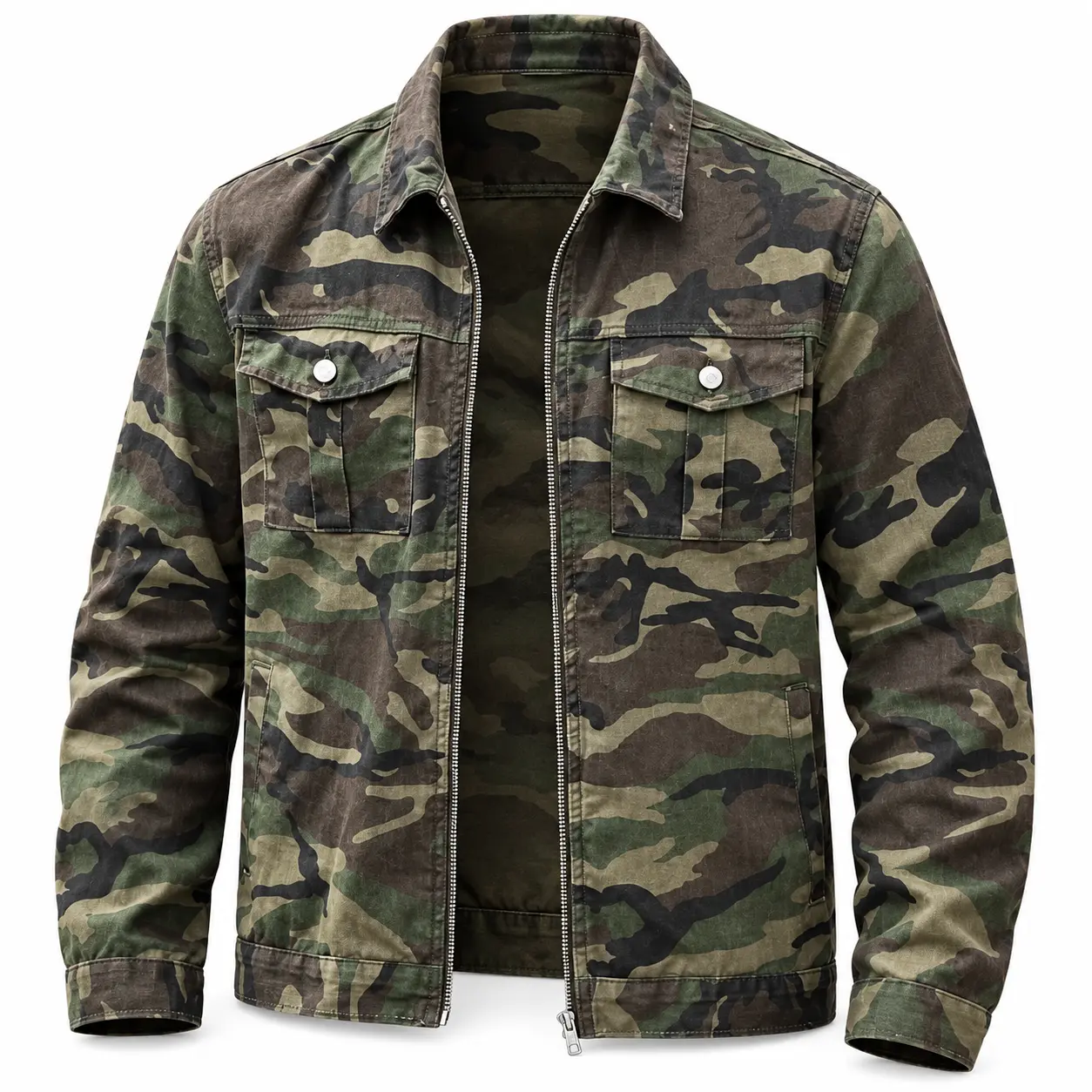 Men’s 100% Cotton Camouflage Utility Jacket, Regular Fit Collared Long Sleeve Multi-Pocket Workwear, Outdoor Hunting Streetwear Daily Wear for Men