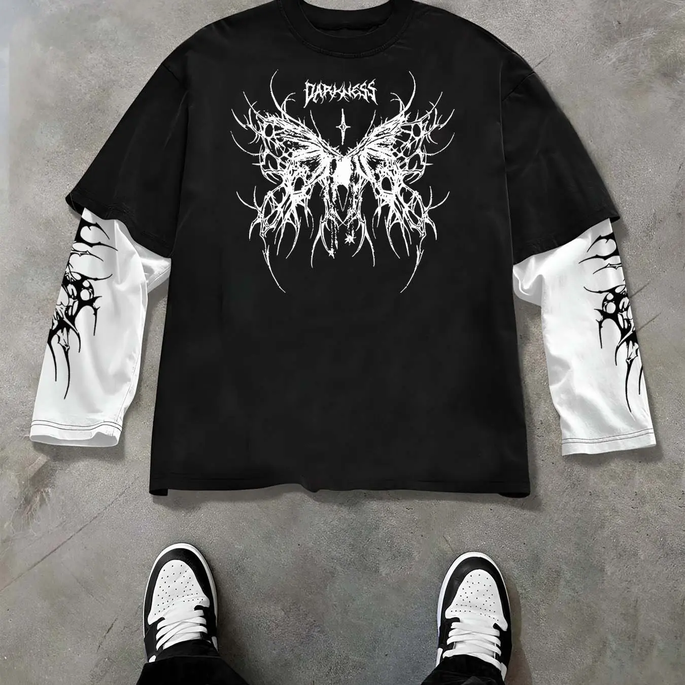 Men's Dark Butterfly Gothic Long Sleeve T-Shirt, Y2K Grunge