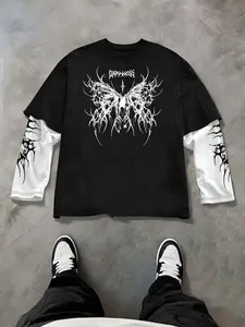Men's Dark Butterfly Gothic Long Sleeve T-Shirt, Y2K Grunge Layered Sleeve Graphic Tee, Punk Goth Streetwear Casual Top