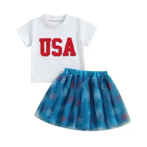 4th of July Toddler Baby Girl Tutu Outfits USA Embroidery T-Shirt Tulle Skirts Little Girls Independence Day Clothes