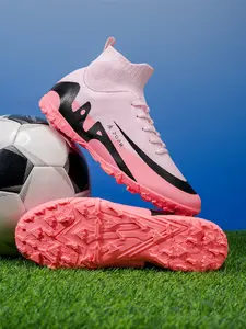 Parent-Child Pink-Black Color-Block High-Top Sock-Fit Turf Football Shoes, Soccer Shoes, Sport Competitive Style, Breathable Knit Material + High-Top Sock-Fit + Professional Turf Studs, Parent-Child Compatible