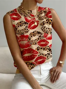 Women's Valentine Leopard Print Stand Collar Sweater, Casual Sleeveless Short Knit Top, Comfortable Warm Clothing for All Seasons