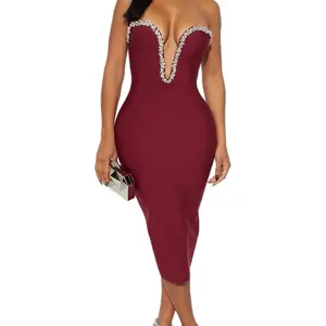Glitter Heart Shape Midi Dress with Rhinestone Embellishments and Strapless Design for Evening Wear