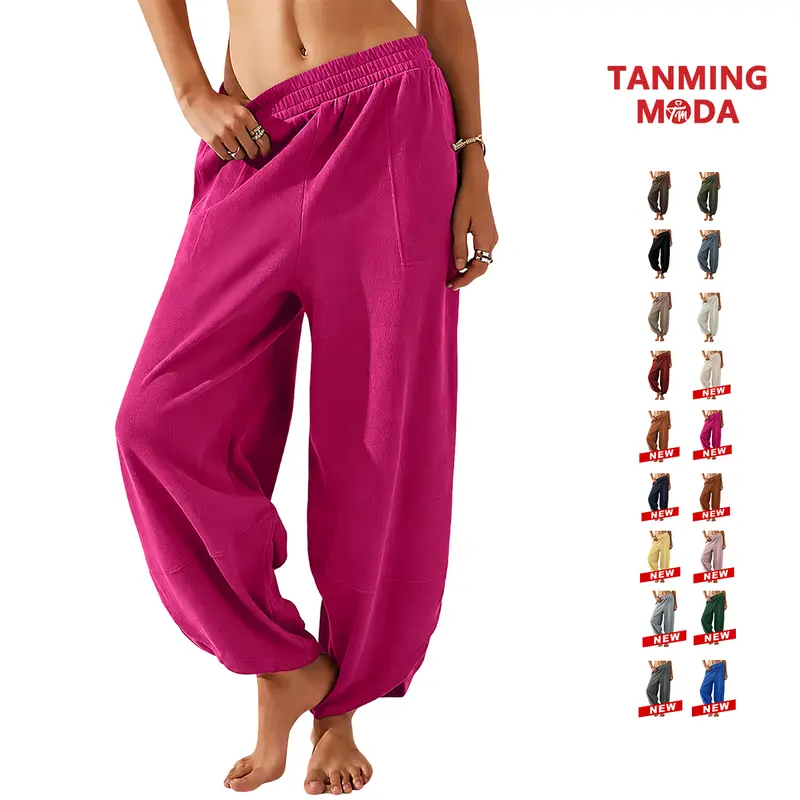 TanmingModa Women's Basic Loose Harem Pants - Breathable Elastic Waist Casual Fashion Trousers with Pockets, Soft Relaxed-Fit Lounge Bottoms for Halloween, Thanksgiving, Easter Everyday Women's Clothing