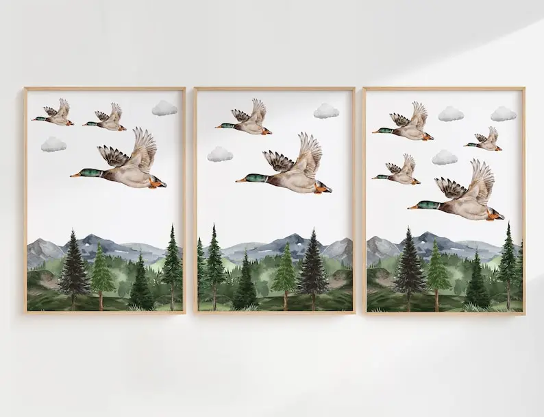 Set of 3 Mallard Duck Prints, Hunting Wall Art Set, Duck Posters, Modern Art, Kids Bedroom Decor, Boy Nursery Decor, Playroom Prints