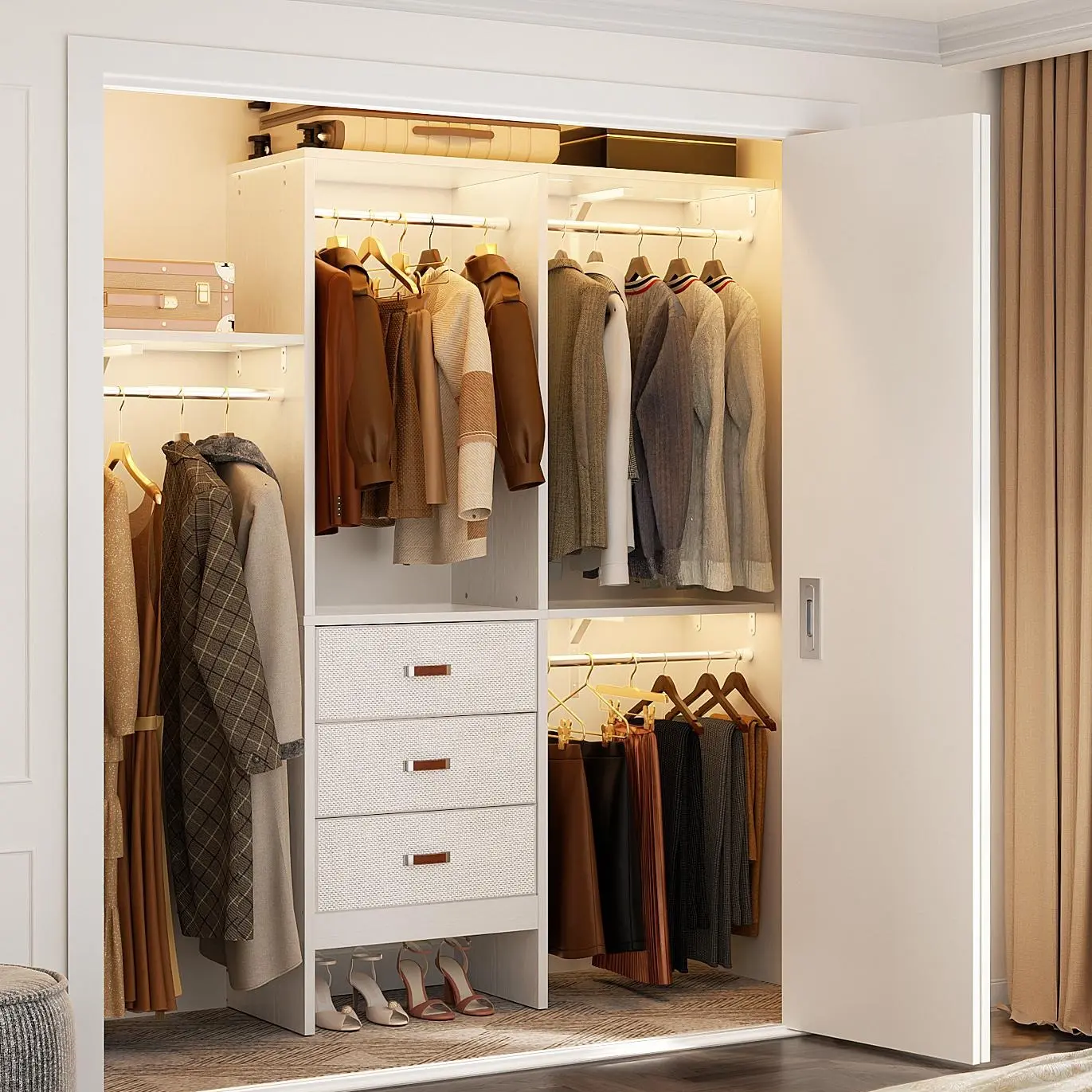 Armocity Closet System Wood with 3 Fabric Drawers, 59"W Walk In Closet Organizer System With 3 Adjustable Shelves, Heavy Duty Clothes Rack Built-In Garment Rack