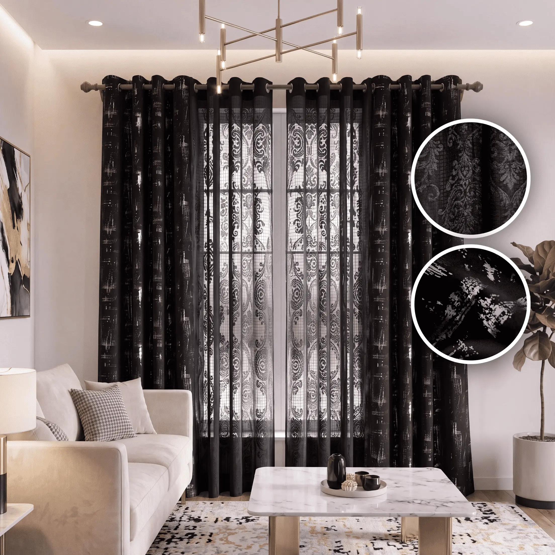 Blackout & Sheer Curtain 4-Panel Combo Set, 52×84 in Grommet Drapes - 2 Metallic Silver Foil Geometric Blackout Panels + 2 Flocked Velvet Damask Light-Filtering Sheers, Modern Luxury Privacy Drapes for Living Room Bedroom Decor QF639 & GRH5