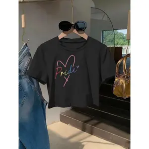 Womens Cotton Crop Top Graphic Tee Pride Heart Rainbow Print Short Sleeve Crew Neck Casual Summer Streetwear Festival Concert Outfit