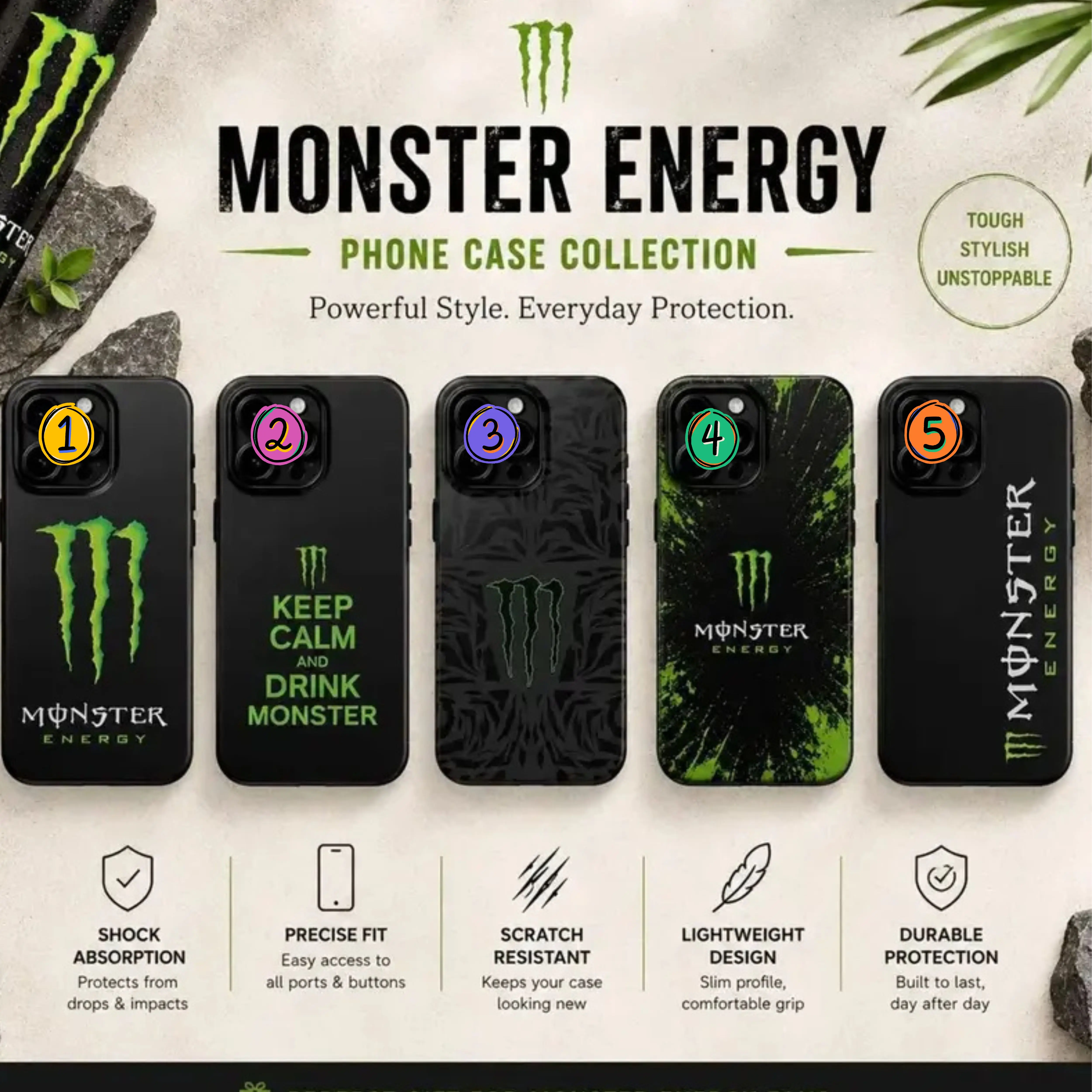 Monster Energy Tough Phone Case iPhone, Samsung Protection, Sporty Gamer Gift for Men for iPhone 17 16 15 14 13 12 11 Pro Max