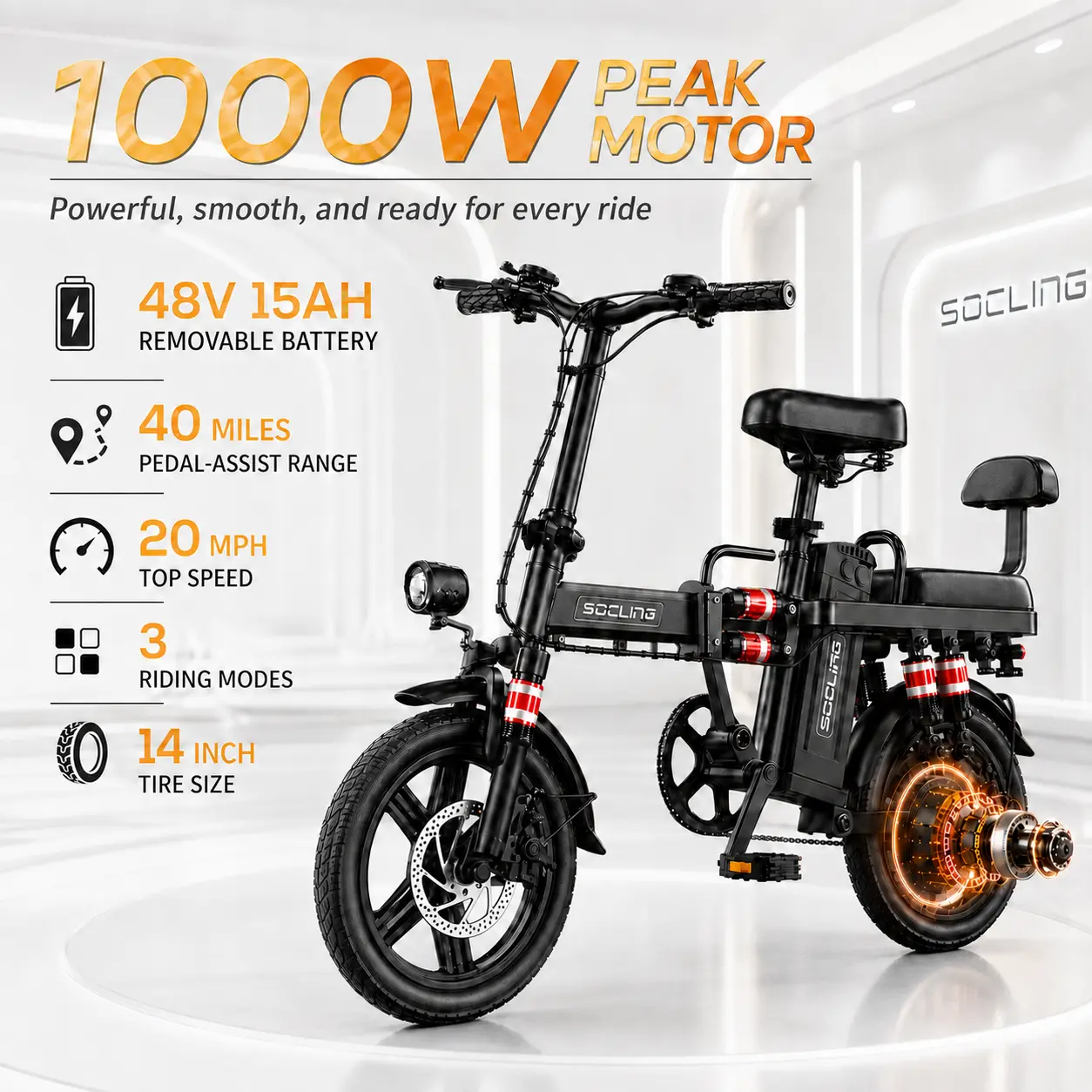 Adult Folding Electric Commuter Bike - 1000W Peak Motor, 20 MPH, 48V 15Ah Removable Battery, 40 mi Pedal Assist Range, 14” Compact Frame, Dual Disc Brakes, 3 Riding Modes, 330 lbs Capacity tiktokshopbacktoschool