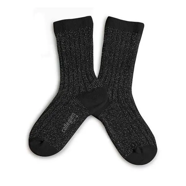 Collegien Victoire Ribbed Glitter Socks  / Noir de Charbon