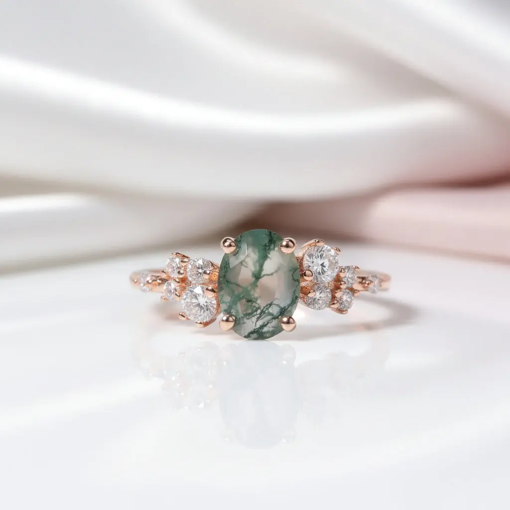 1.18 ctw Oval Cut Moss Agate Antique Bridal Engagement Ring