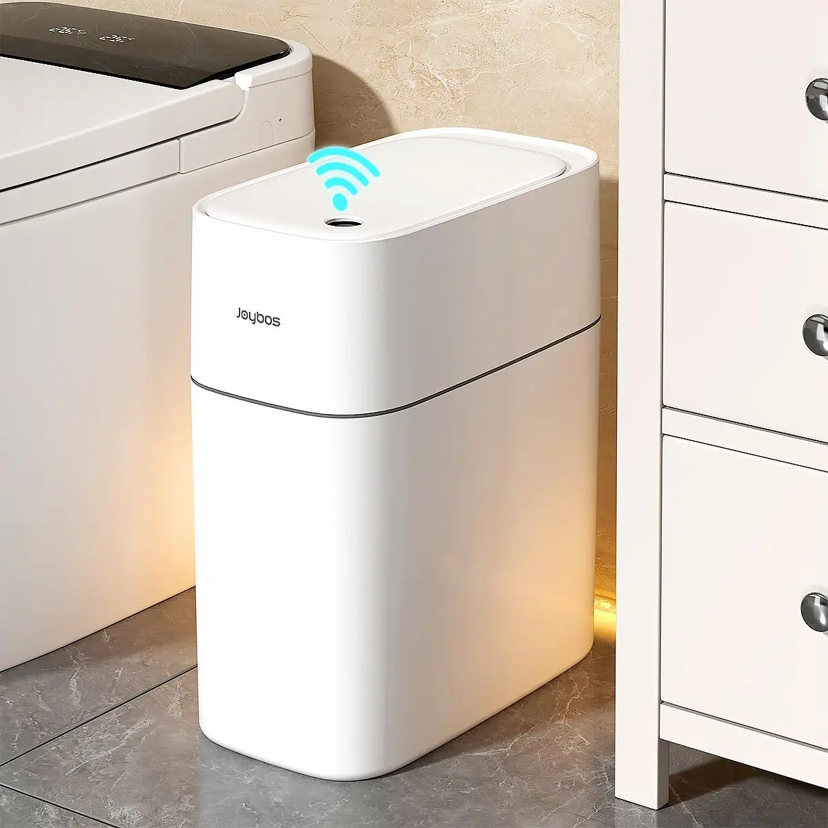 Joybos Touchless Bathroom Trash Can(Without charging cable/battery) , Waterproof Motion Sensor Garbage Can, Slim Narrow smart Trash Bin for Office, Li