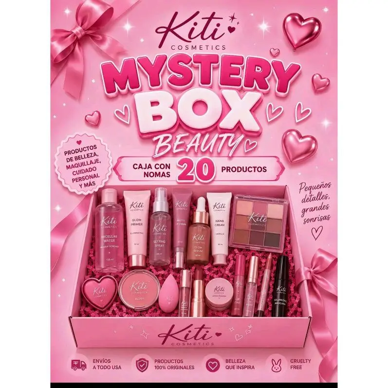 Kiti Cosmetics Mystery Box Beauty - 20 Products in a Pink Gift Box with Heart Design